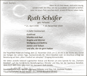 Traueranzeige von Ruth Schäfer von Neue Westfälische
