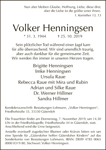 Traueranzeige von Volker Henningsen von Neue Westfälische