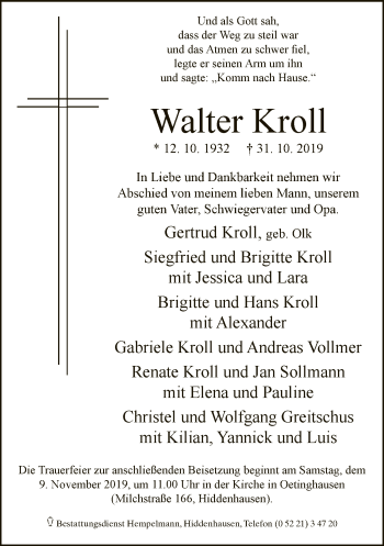 Traueranzeige von Walter Kroll von Neue Westfälische