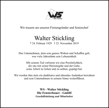Traueranzeige von Walter Stickling von Neue Westfälische