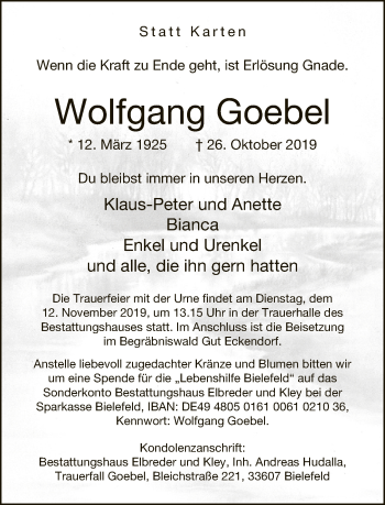 Traueranzeige von Wolfgang Goebel von Neue Westfälische