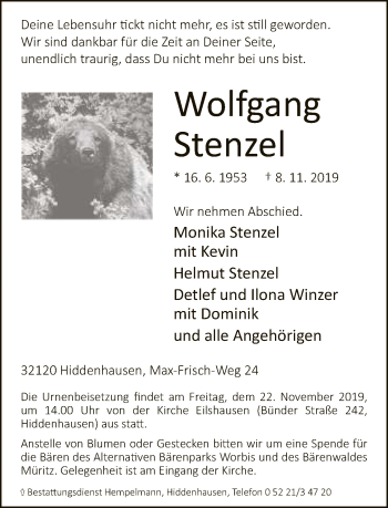 Traueranzeige von Wolfgang Stenzel von Neue Westfälische