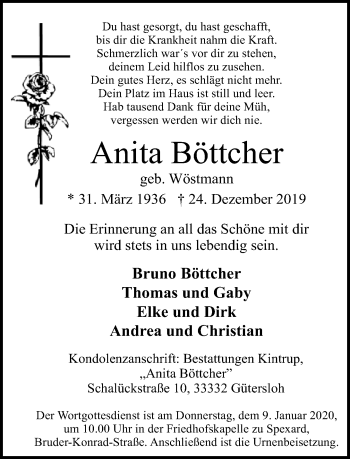 Traueranzeige von Anita Böttcher von Neue Westfälische