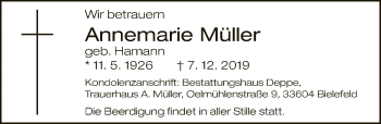 Traueranzeige von Annemarie Müller von Neue Westfälische