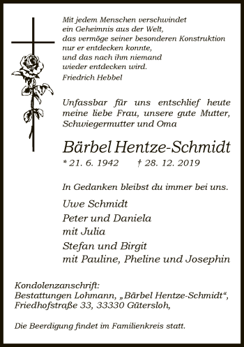 Traueranzeige von Bärbel Hentze-Schmidt von Neue Westfälische