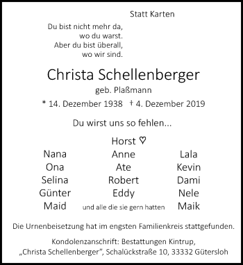 Traueranzeige von Christa Schellenberger von Neue Westfälische