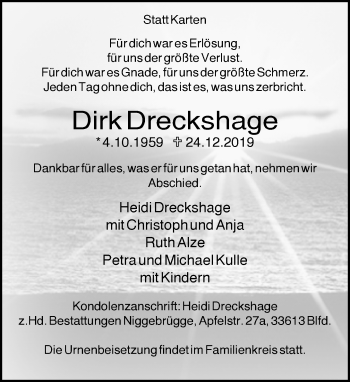 Traueranzeige von Dirk Dreckshage von Neue Westfälische
