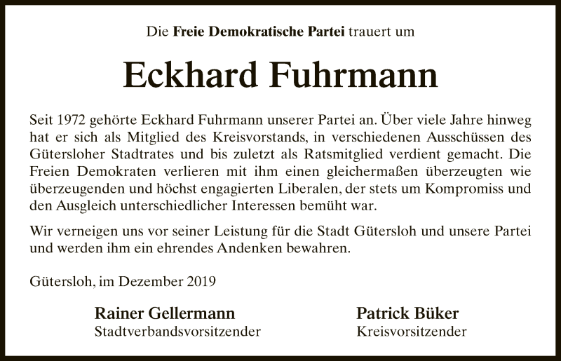  Traueranzeige für Eckhard Fuhrmann vom 05.12.2019 aus Neue Westfälische