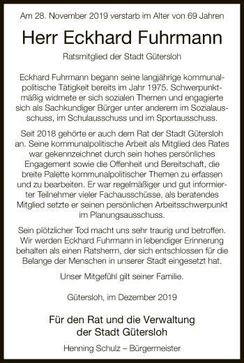 Traueranzeige von Eckhard Fuhrmann von Neue Westfälische