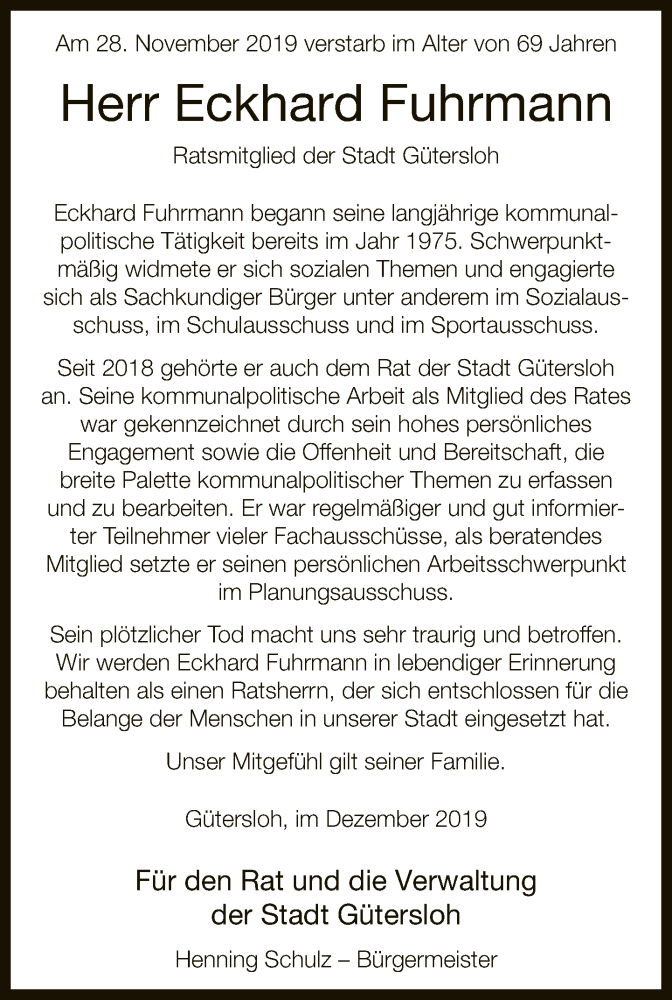  Traueranzeige für Eckhard Fuhrmann vom 07.12.2019 aus Neue Westfälische