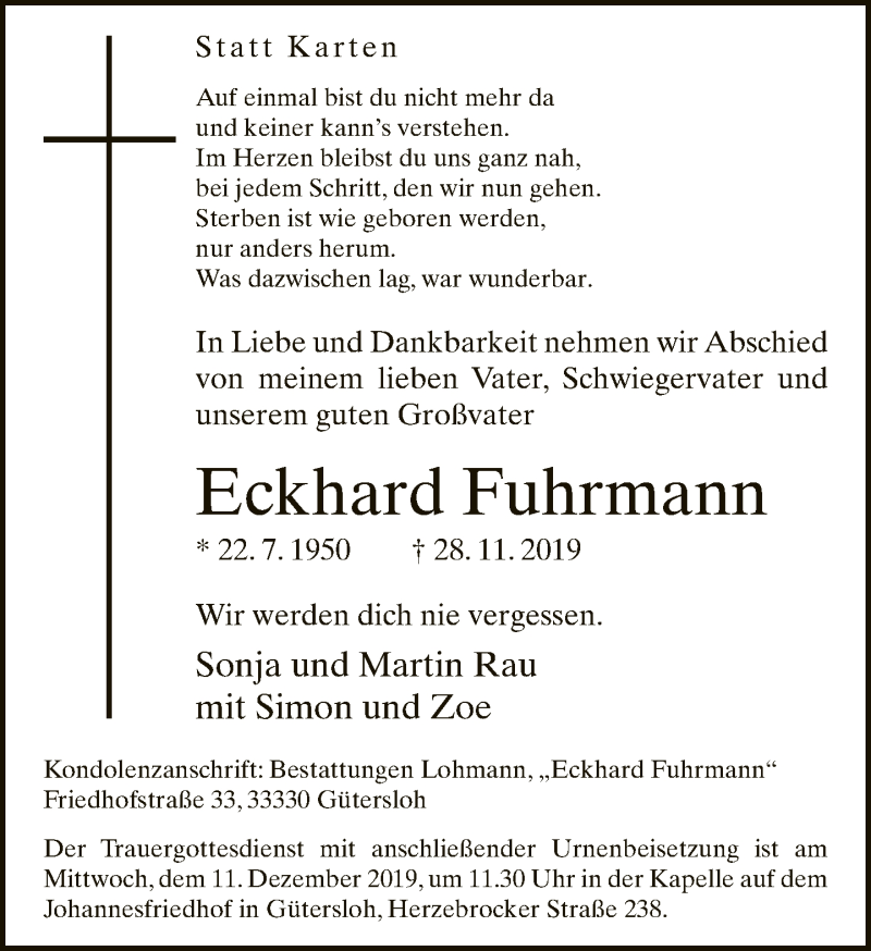  Traueranzeige für Eckhard Fuhrmann vom 05.12.2019 aus Neue Westfälische