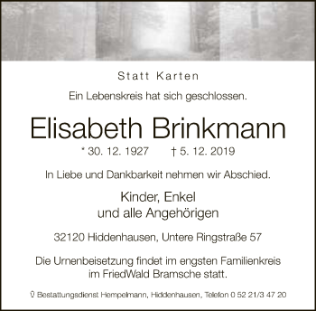 Traueranzeige von Elisabeth Brinkmann von Neue Westfälische