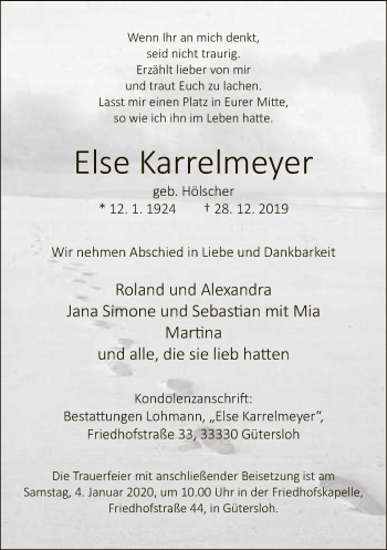 Traueranzeige von Else Karrelmeyer von Neue Westfälische