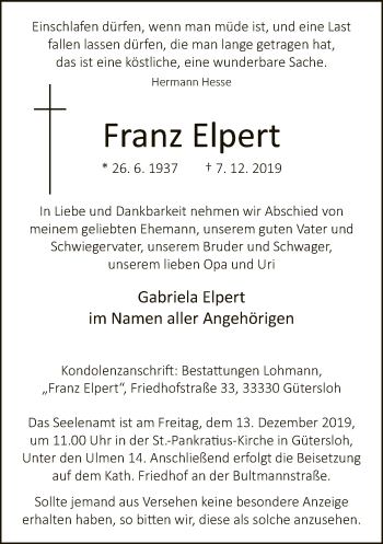Traueranzeige von Franz Elpert von Neue Westfälische