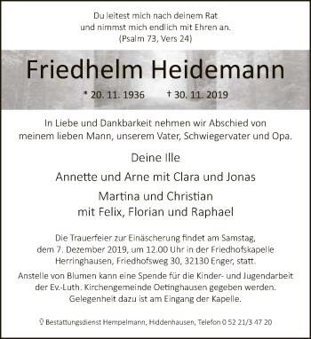 Traueranzeige von Friedhelm Heidemann von Neue Westfälische