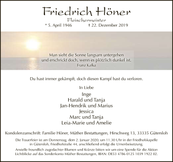 Traueranzeige von Friedrich Höner von Neue Westfälische