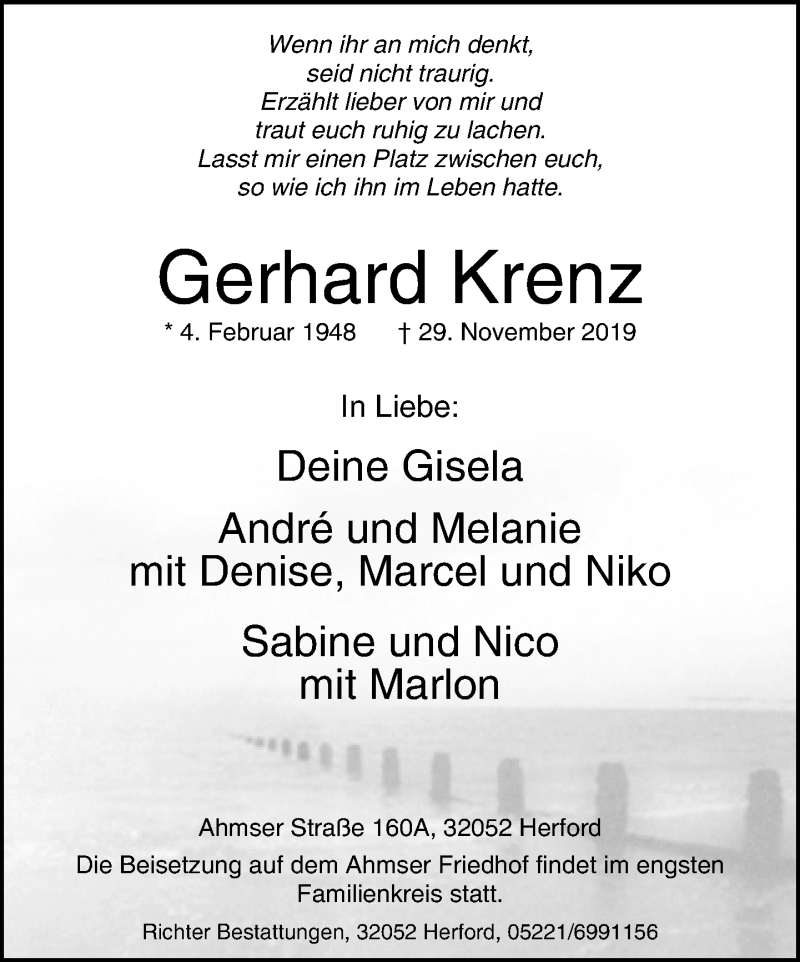  Traueranzeige für Gerhard Krenz vom 07.12.2019 aus Neue Westfälische