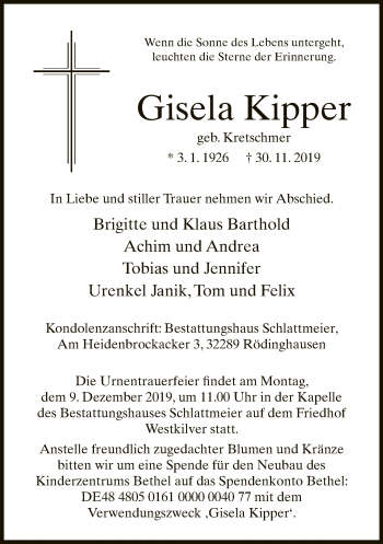 Traueranzeige von Gisela Kipper von Neue Westfälische