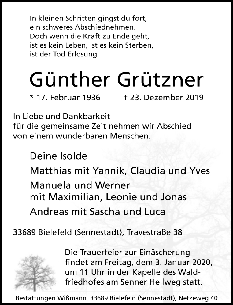  Traueranzeige für Günther Grützner vom 28.12.2019 aus Neue Westfälische