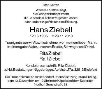 Traueranzeige von Hans Ziebell von Neue Westfälische
