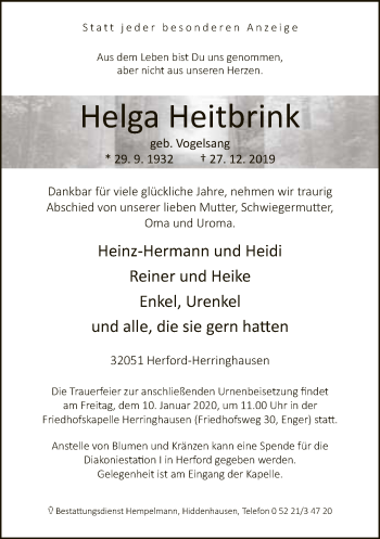 Traueranzeige von Helga Heitbrink von Neue Westfälische