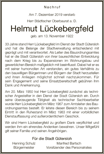 Traueranzeige von Helmut Lückebergfeld von Neue Westfälische