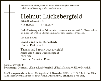 Traueranzeige von Helmut Lückebergfeld von Neue Westfälische