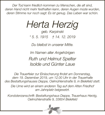 Traueranzeige von Herta Herzig von Neue Westfälische