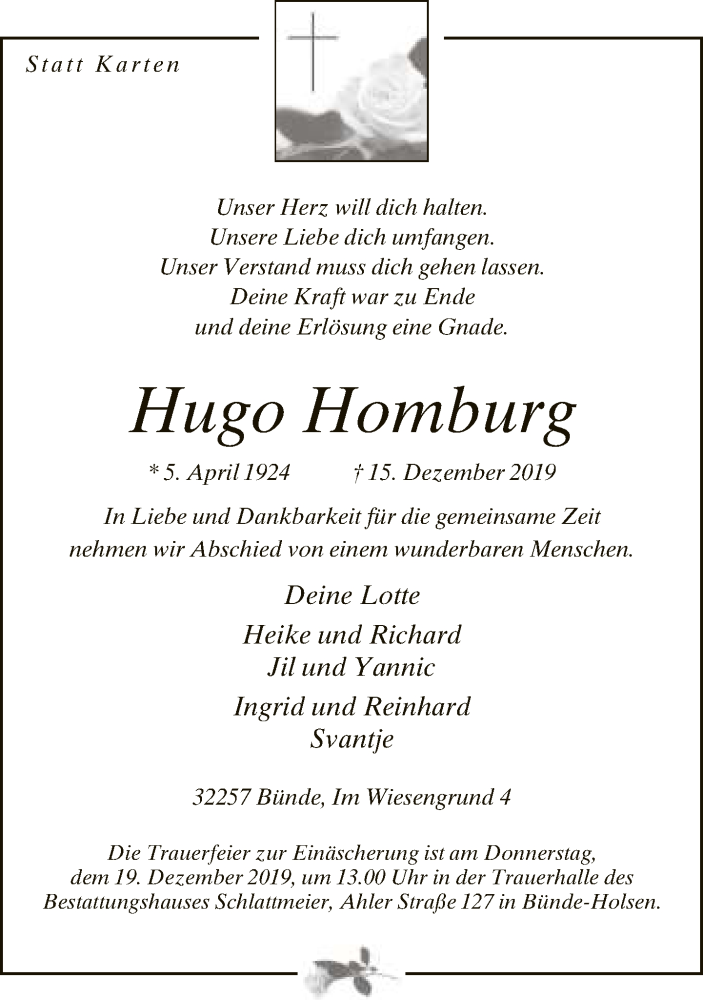  Traueranzeige für Hugo Homburg vom 17.12.2019 aus Neue Westfälische