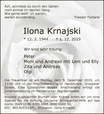 Traueranzeige von Ilona Krnajski von Neue Westfälische