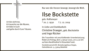 Traueranzeige von Ilse Bockstette von Neue Westfälische