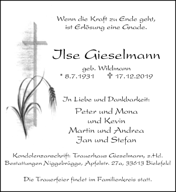 Traueranzeige von Ilse Gieselmann von Neue Westfälische