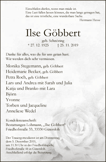 Traueranzeige von Ilse Göbbert von Neue Westfälische