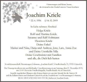 Traueranzeige von Joachim Kriele von Neue Westfälische