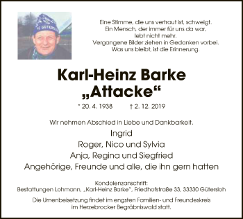 Traueranzeige von Karl-Heinz Barke von Neue Westfälische