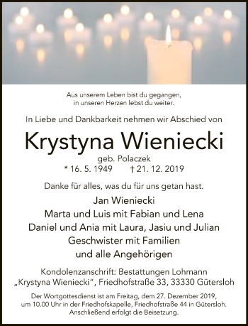 Traueranzeige von Krystyna Wieniecki von Neue Westfälische