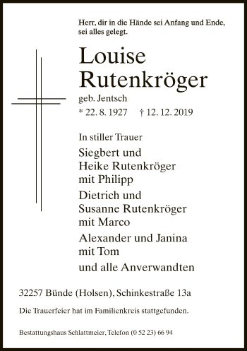 Traueranzeige von Louise Rutenkröger von Neue Westfälische