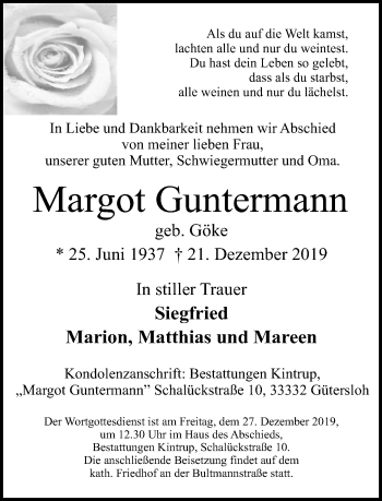 Traueranzeige von Margot Guntermann von Neue Westfälische