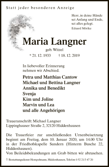 Traueranzeige von Maria Langner von Neue Westfälische