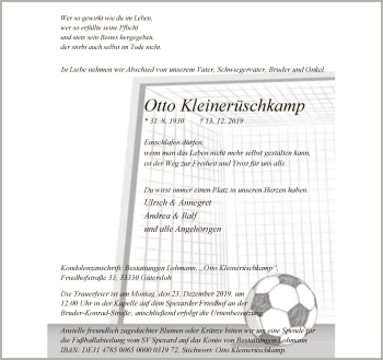 Traueranzeige von Otto Kleinerüschkamp von Neue Westfälische
