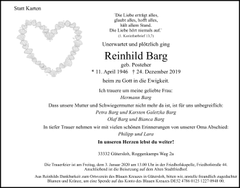 Traueranzeige von Reinhild Barg von Neue Westfälische