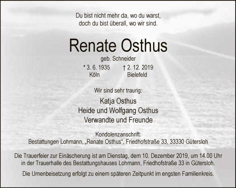  Traueranzeige für Renate Osthus vom 06.12.2019 aus Neue Westfälische
