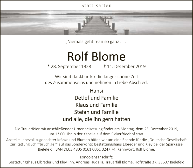  Traueranzeige für Rolf Blome vom 18.12.2019 aus Neue Westfälische