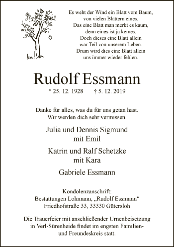 Traueranzeige von Rudolf Essmann von Neue Westfälische