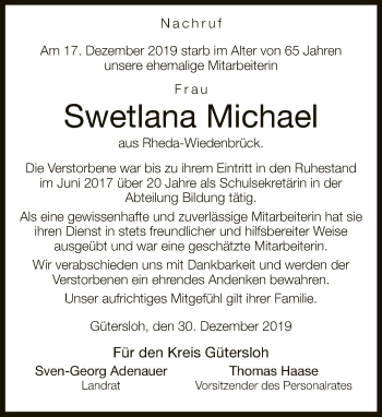 Traueranzeige von Swetlana Michael von Neue Westfälische