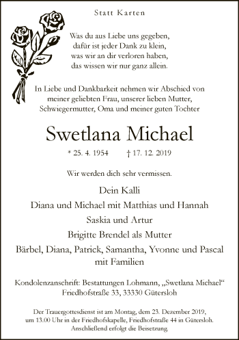 Traueranzeige von Swetlana Michael von Neue Westfälische