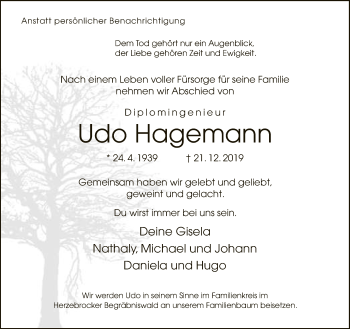 Traueranzeige von Udo Hagemann von Neue Westfälische