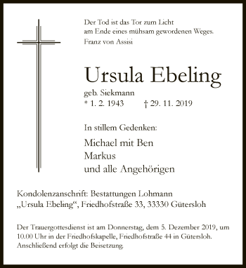 Traueranzeige von Ursula Ebeling von Neue Westfälische