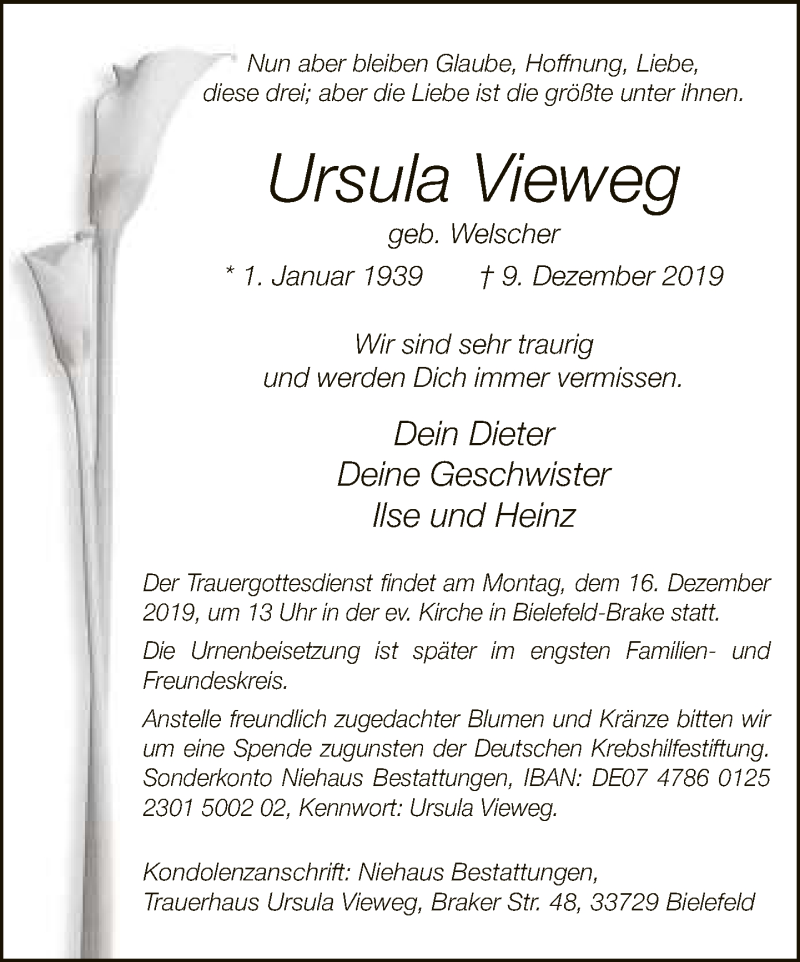  Traueranzeige für Ursula Vieweg vom 11.12.2019 aus Neue Westfälische