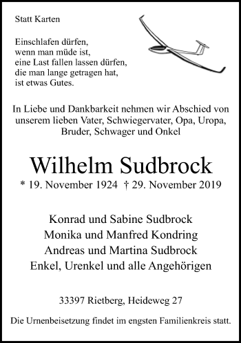 Traueranzeige von Wilhelm Sudbrock von Neue Westfälische